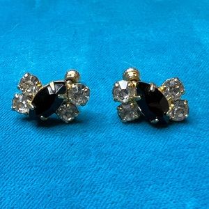 Vintage Gold and Black Rhinestone Clip Earrings